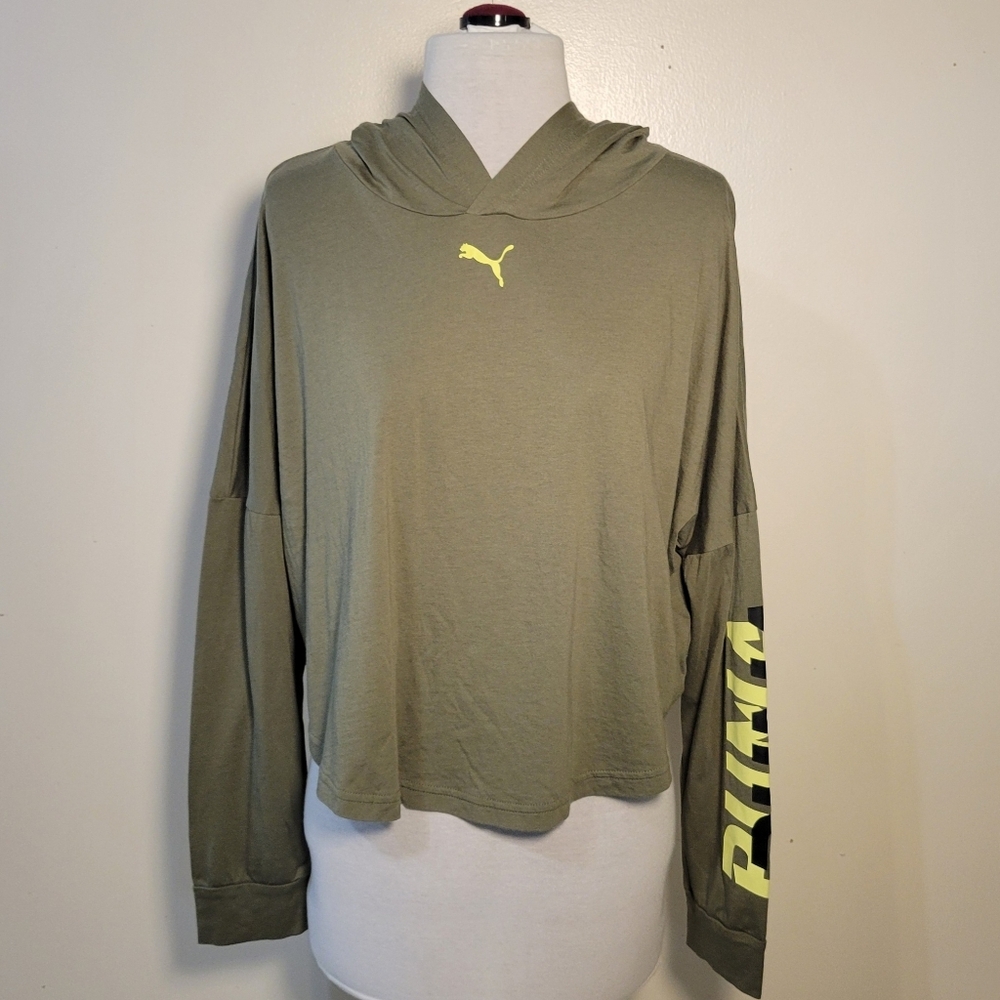 Puma (Women's XL) Drop Sleeve Long Sleeve Cropped Olive Green Pullover Hoodie